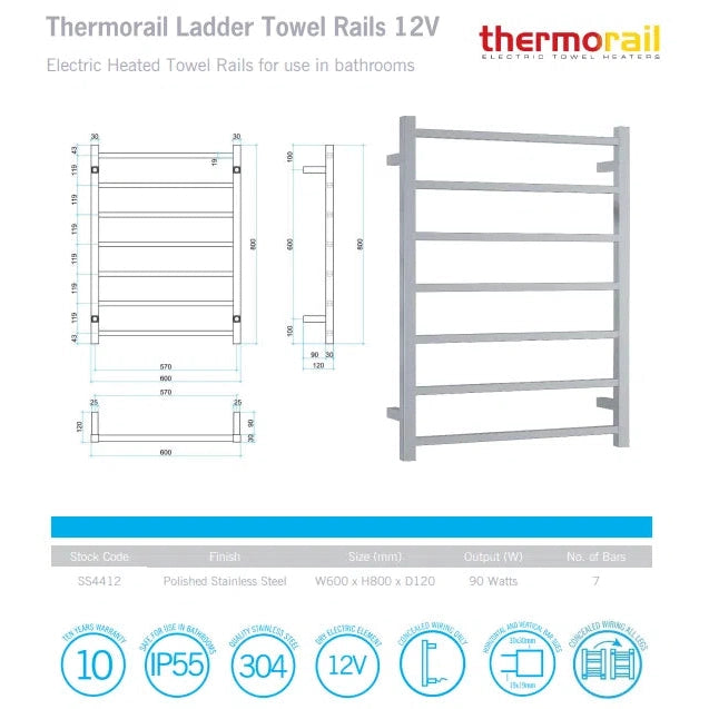 Thermogroup 12Volt Straight Square Ladder Heated Towel Rail