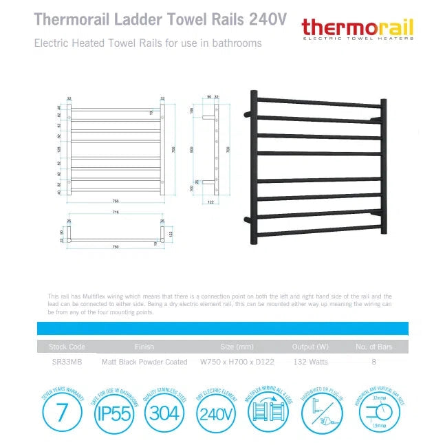 Thermogroup Matt Black Round Ladder Heated Towel Rail - W750 x H700