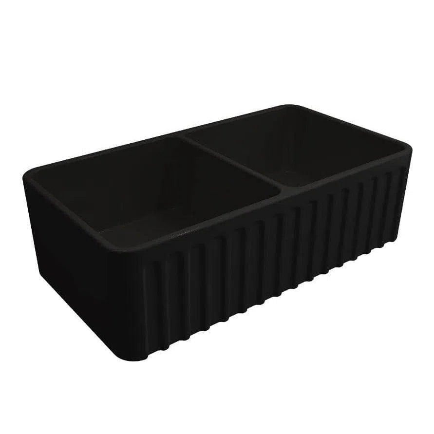 Turner Hastings Novi 85 x 46 Double Bowl Fine Fireclay Butler Sink – Matte Black Double-Sided Flat Front and Ribbed Front