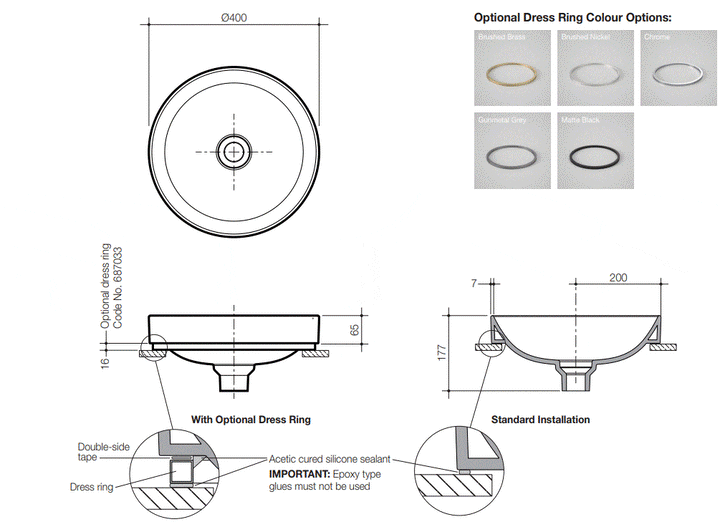 Basin Caroma Liano II 400mm Round Inset Basin